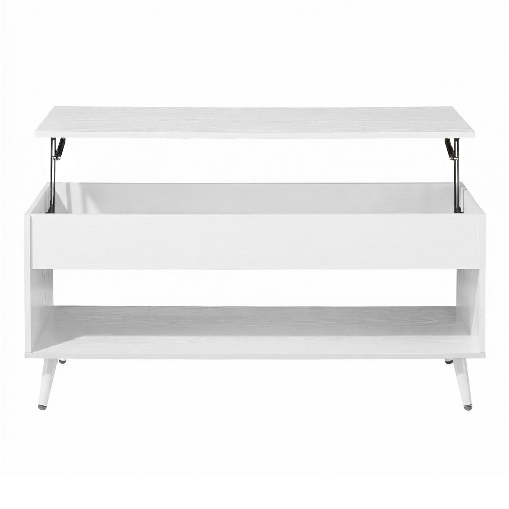 Table basse avec plateau relevable vérin à gaz rangement ouvert blanc