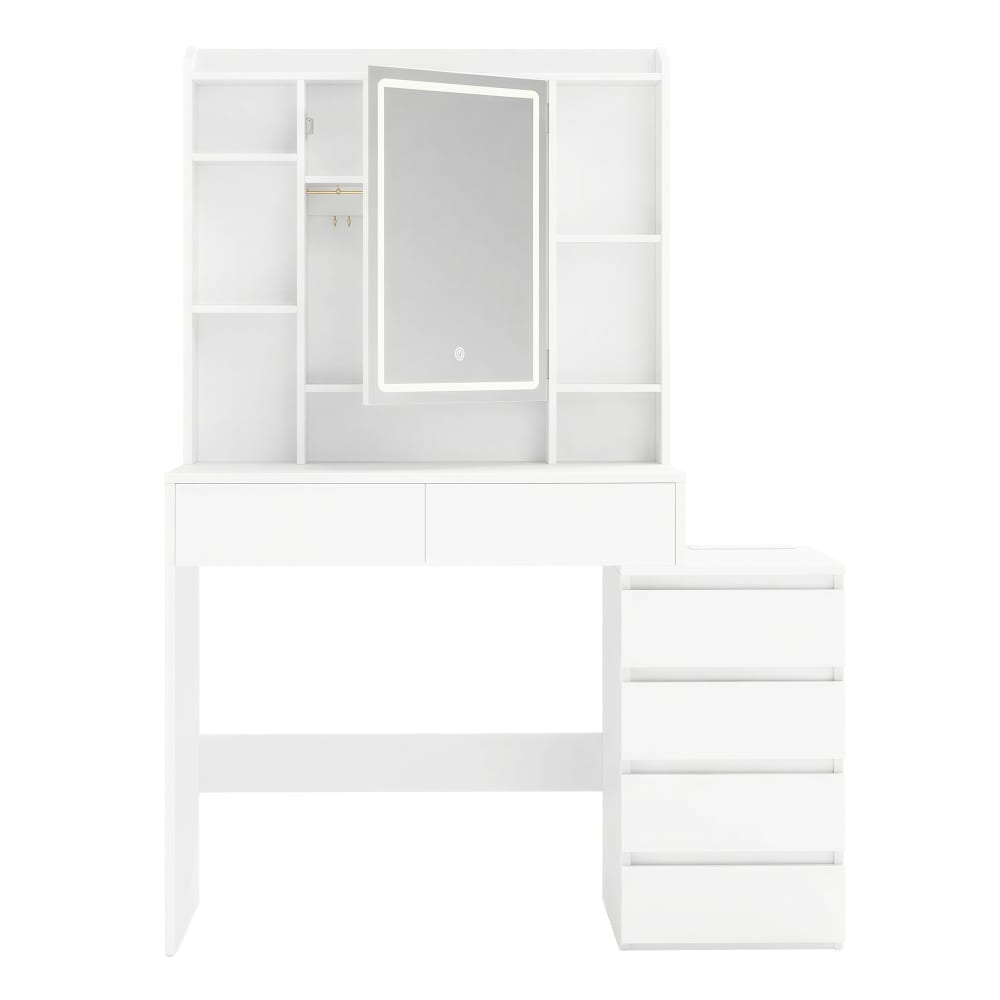 Coiffeuse avec grand miroir led à luminosité réglable multiprise blanc