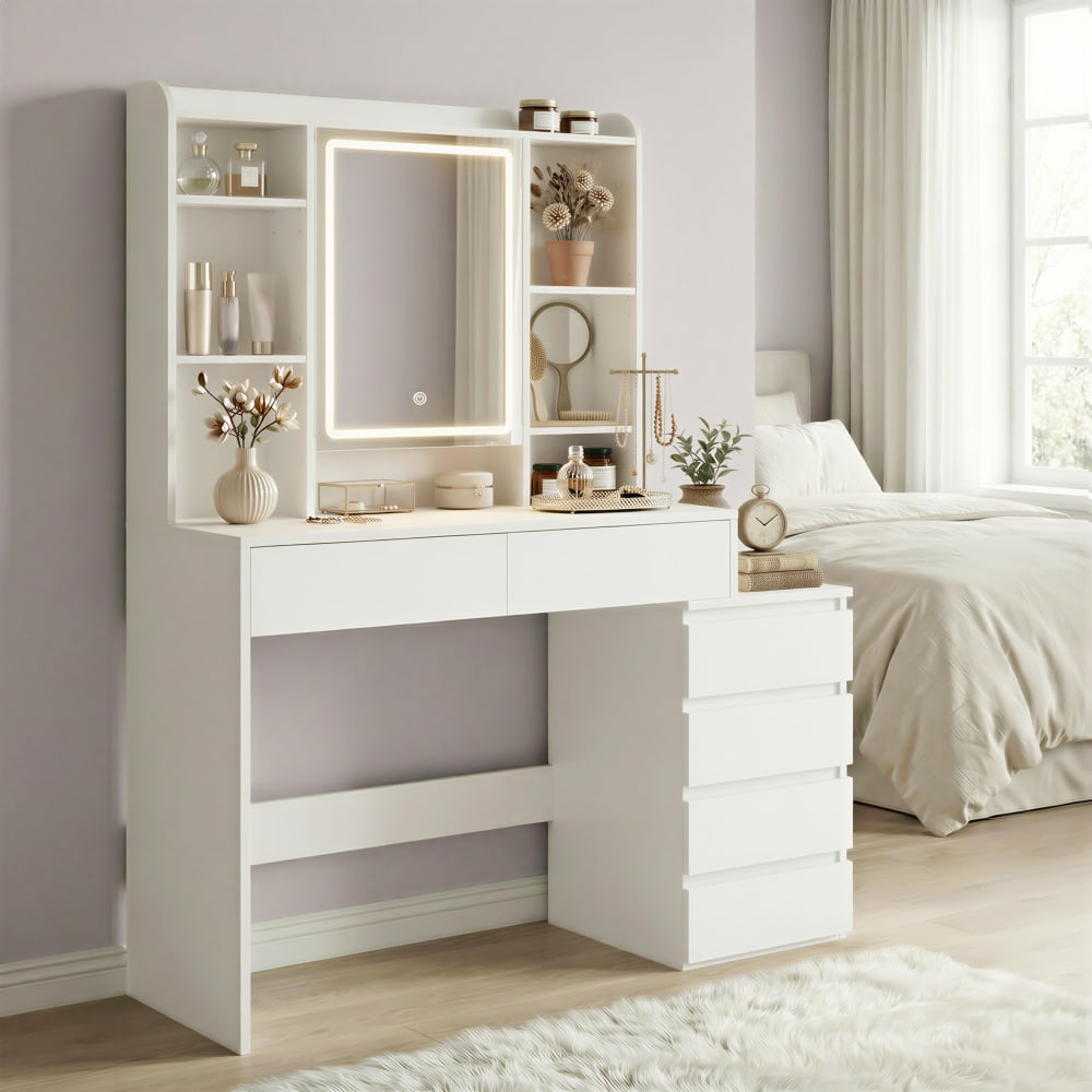 Coiffeuse avec grand miroir led à luminosité réglable multiprise blanc