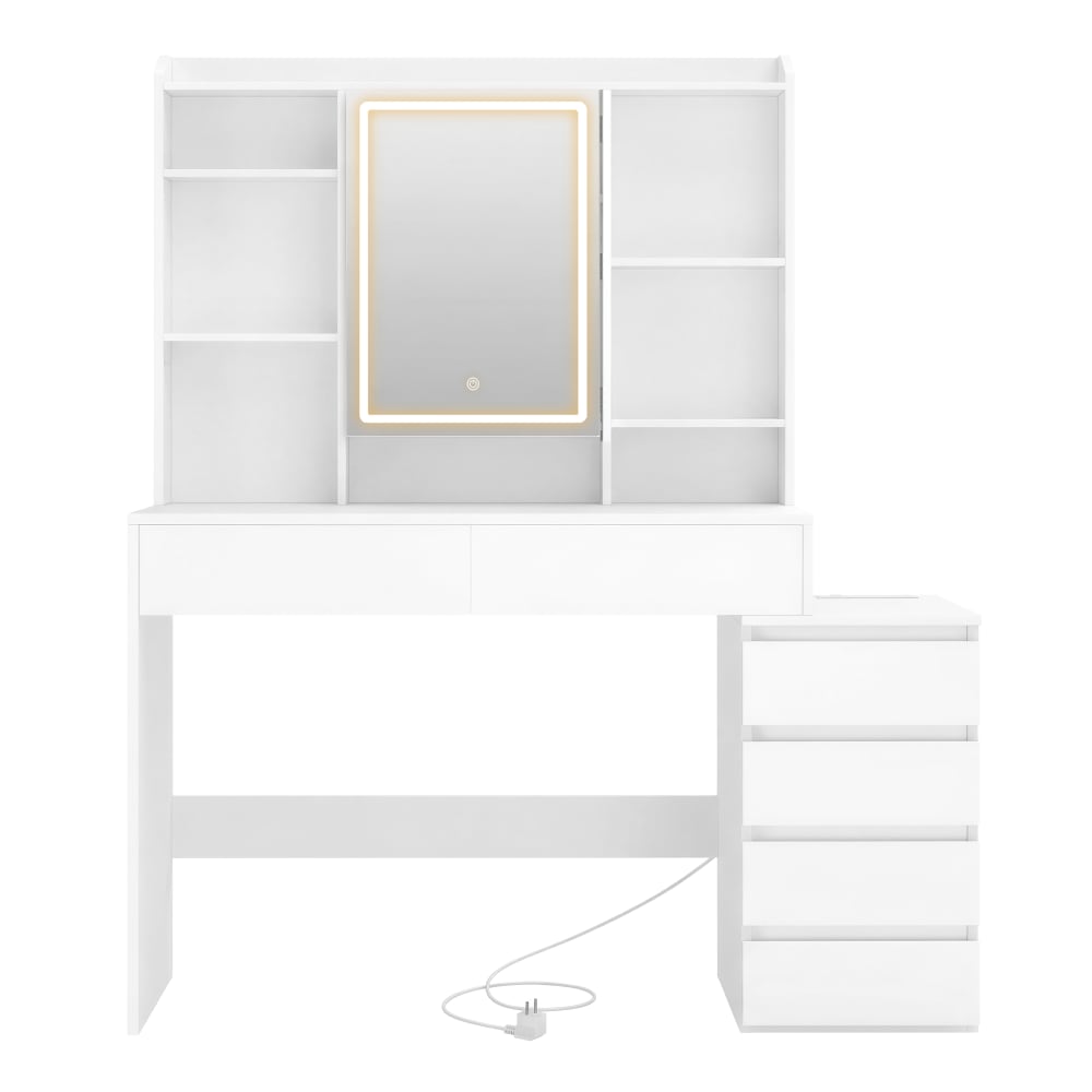 Coiffeuse avec grand miroir led à luminosité réglable multiprise blanc