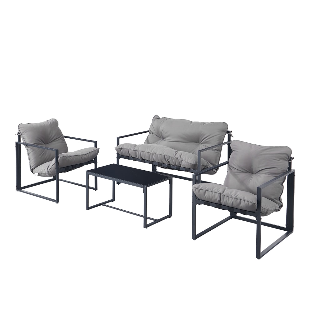 Salons et table de jardin 4 places avec coussins rembourrés acier gris