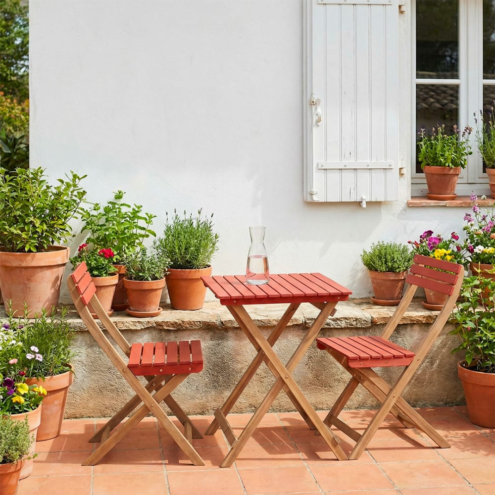 Ensemble table de jardin pliante bistrot et 2 chaises bois terracotta