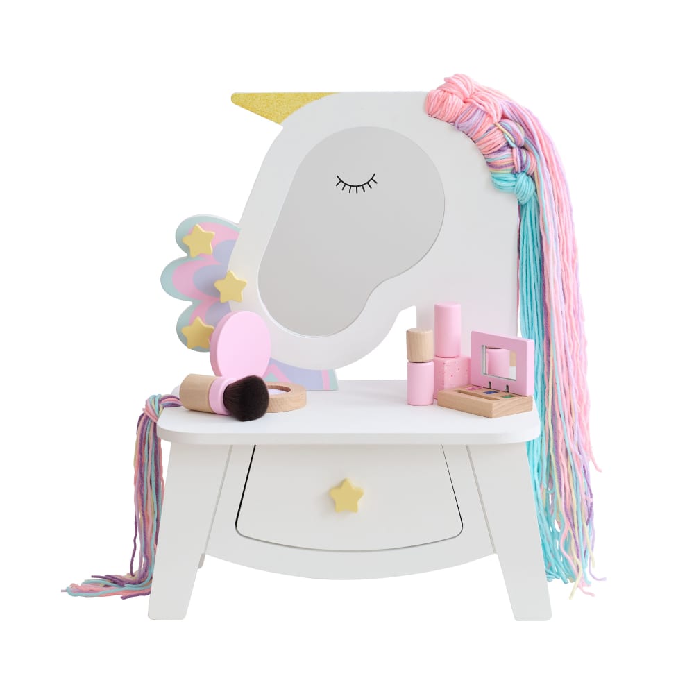 Coiffeuse licorne enfant, miroir, tiroir, 42cm, Blanc