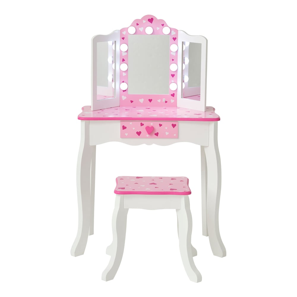 Coiffeuse enfant maquillage LED, tabouret, 99cm, Rose