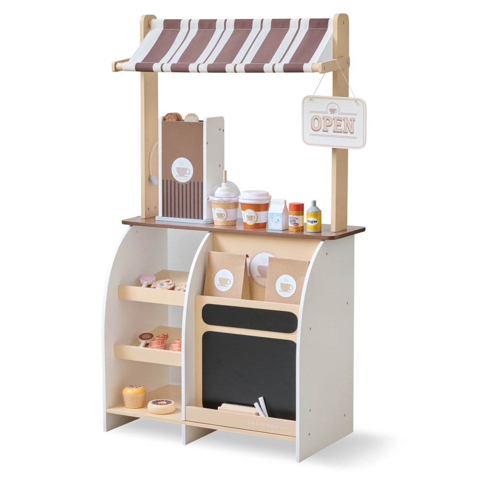 Stand café jouet bois, machine expresso, 29 accessoires, 60cm, Marron