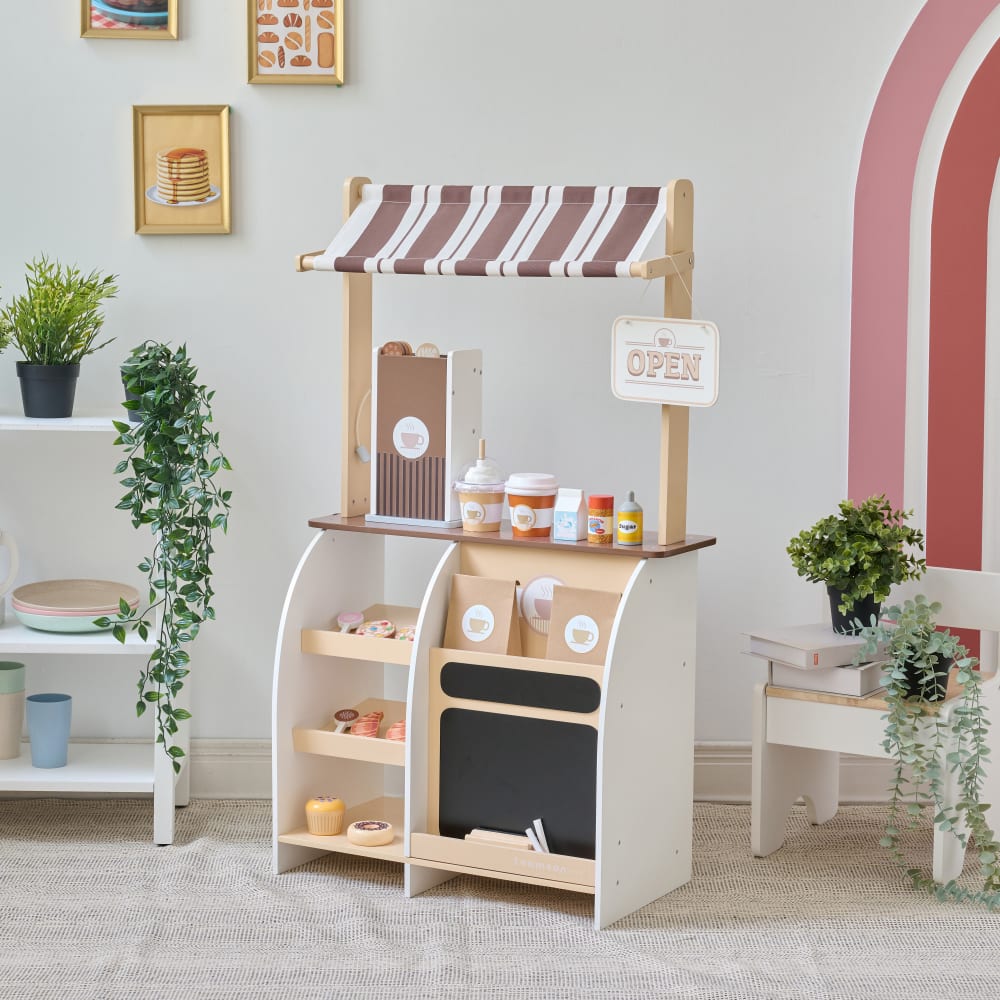 Stand café jouet bois, machine expresso, 29 accessoires, 60cm, Marron