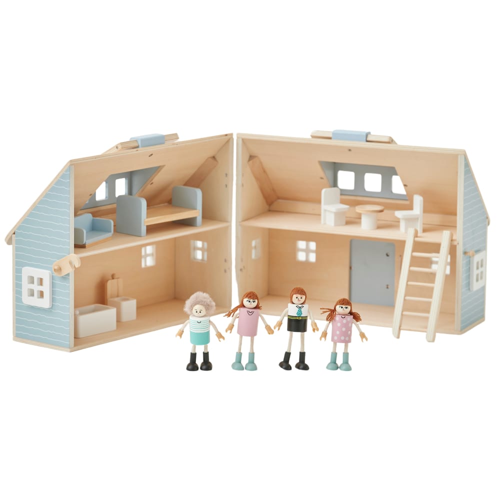 Maison poupée portable bois, 4 pièces, 26cm, Multicolore
