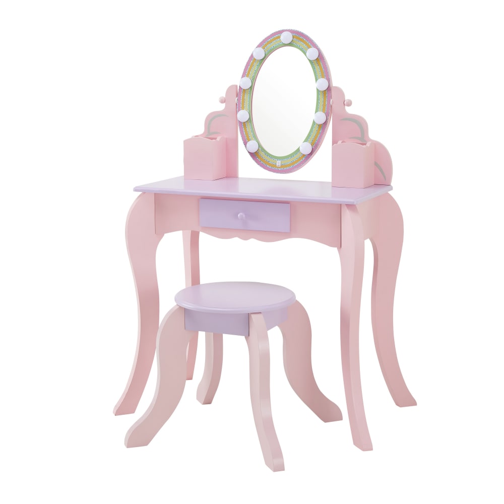 Coiffeuse enfant maquillage, miroir LED, tabouret, tiroir, 99cm, Rose