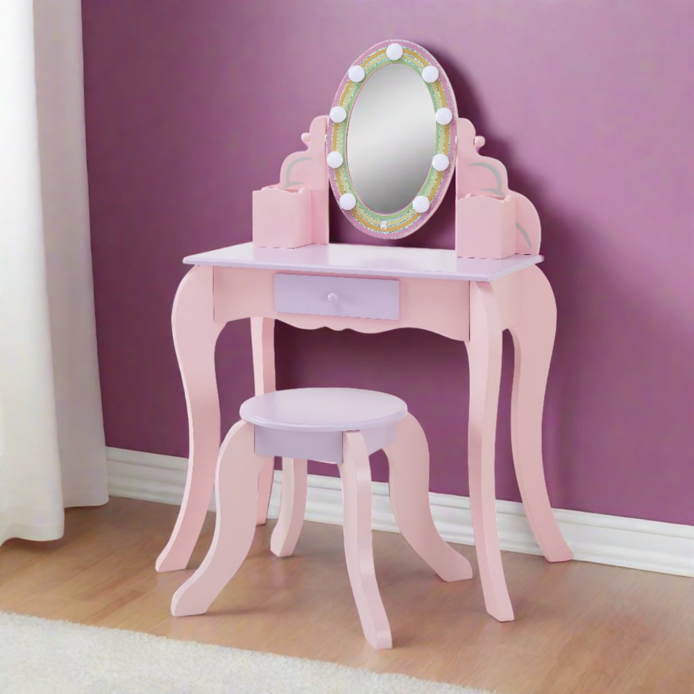Kinder-Schminktisch mit LED-Spiegel und Hocker, 99cm, Rosa -