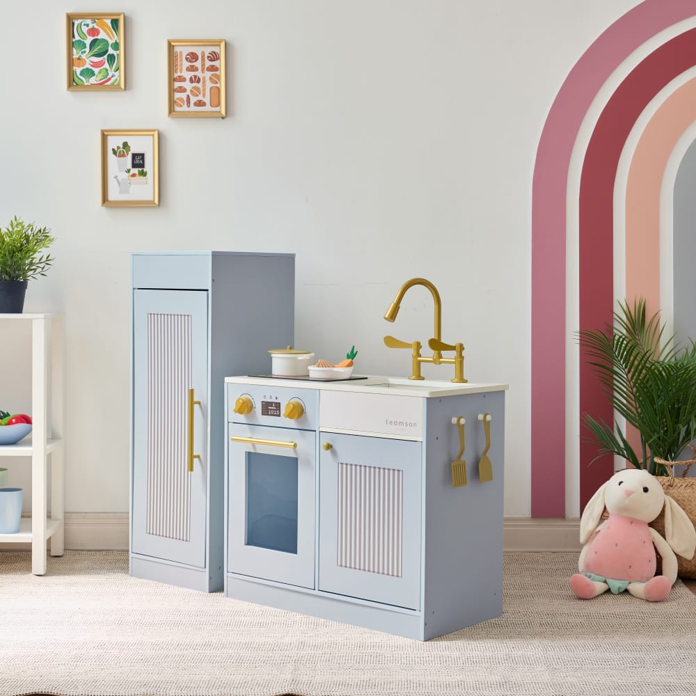 Holz-Kinderküche mit separatem Kühlschrank, 80cm, Blau - Maisons
