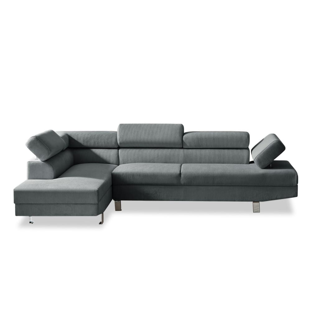 Canapé d'angle gauche 5 places avec têtières en velours côtelé gris