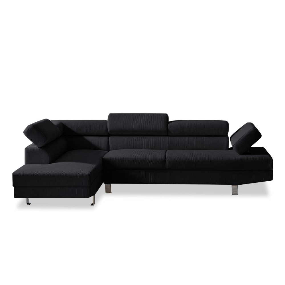 Canapé d'angle gauche 5 places avec têtières en velours côtelé noir