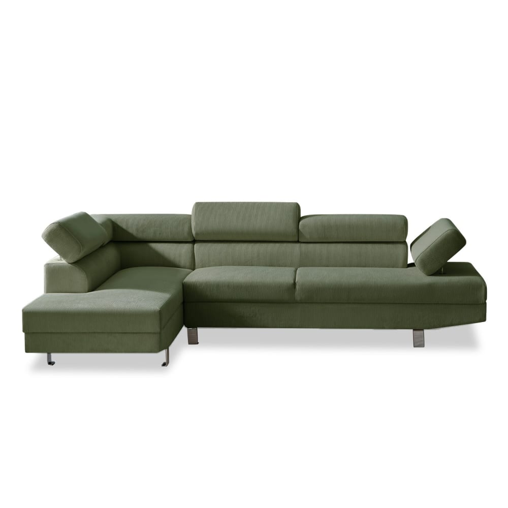 Canapé d'angle gauche 5 places avec têtières en velours côtelé vert