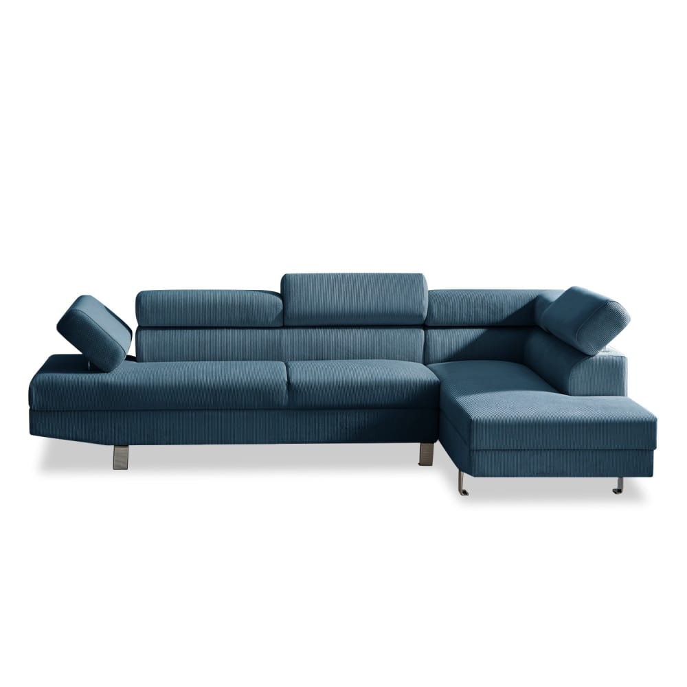 Canapé d'angle droit 5 places avec têtières en velours côtelé bleu