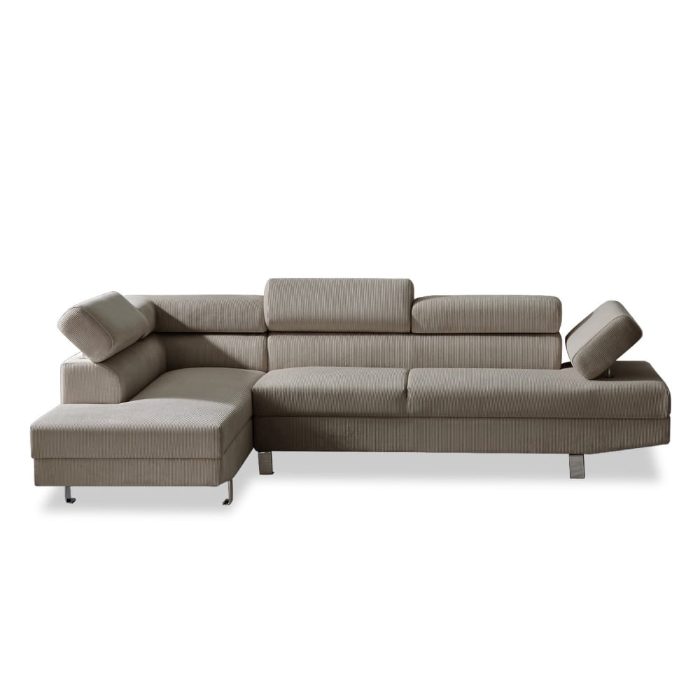 Canapé d'angle gauche 5 places  avec têtières en velours côtelé taupe