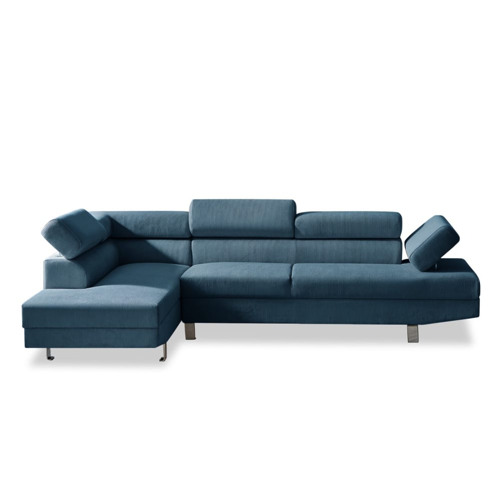 Canapé d'angle gauche 5 places avec têtières en velours côtelé bleu