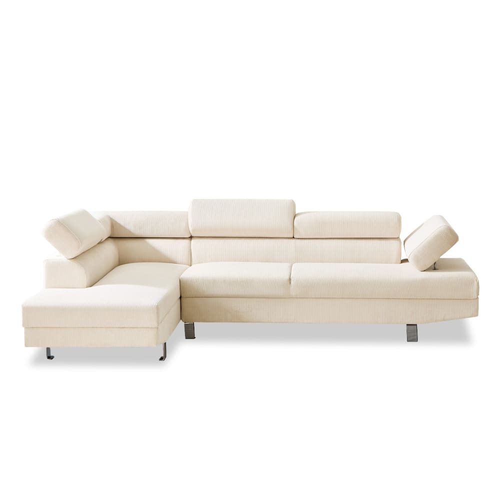 Canapé d'angle gauche 5 places avec têtières en velours côtelé beige