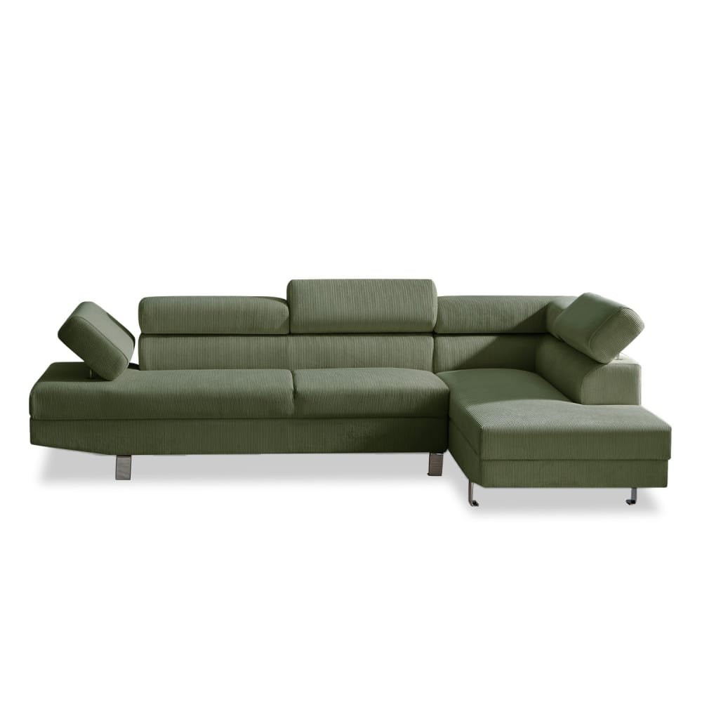 Canapé d'angle droit 5 places avec têtières en velours côtelé vert