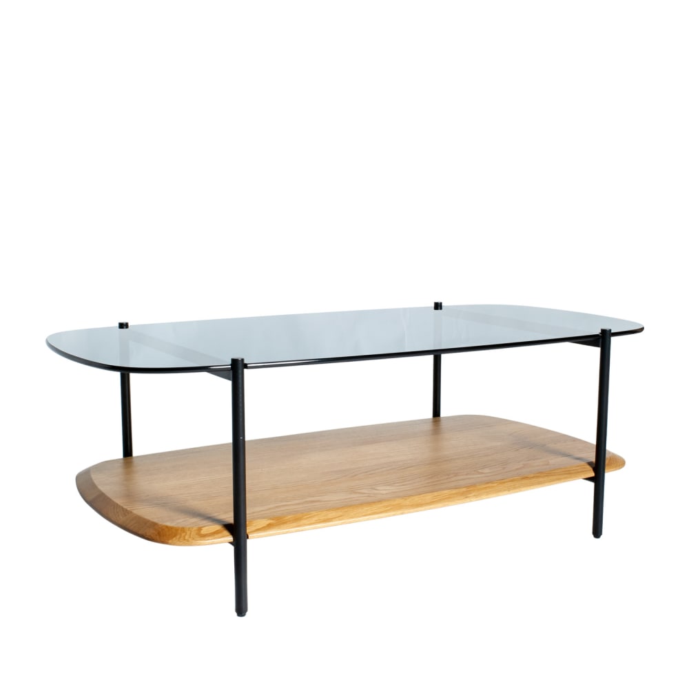 Table basse ovale en verre noir et chêne