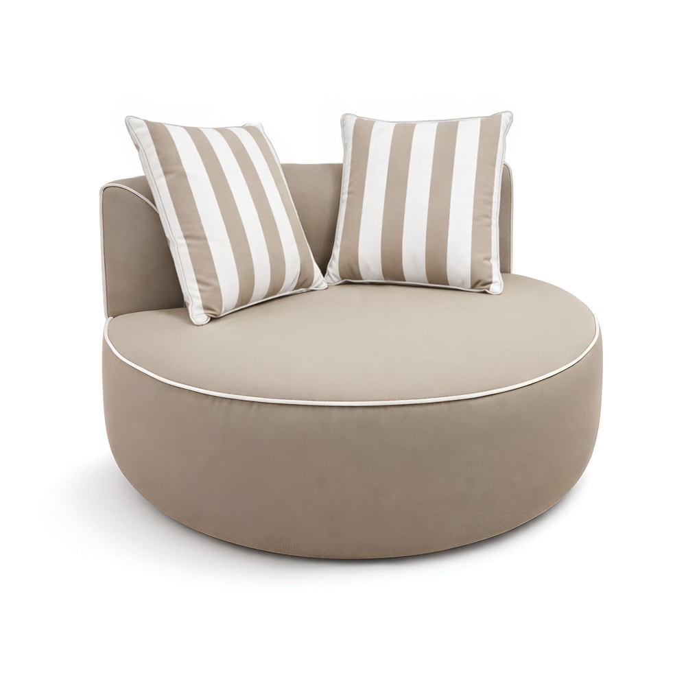Fauteuil d'extérieur rond en tissu taupe et coussin à rayure