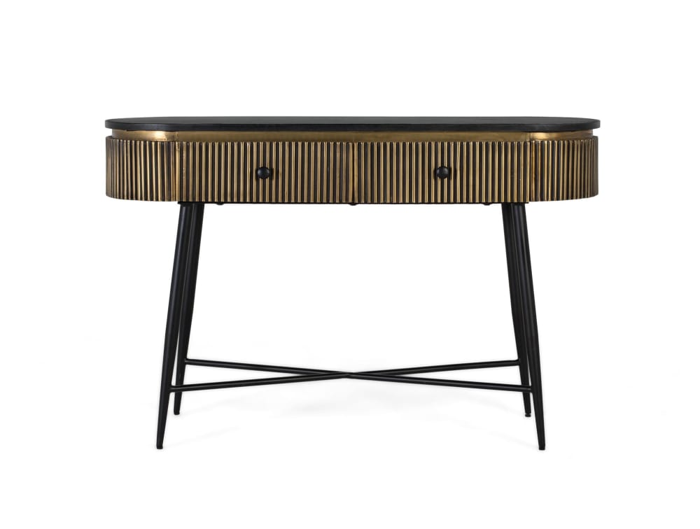 Console avec plateau en bois recouvert de feuilles de bronze
