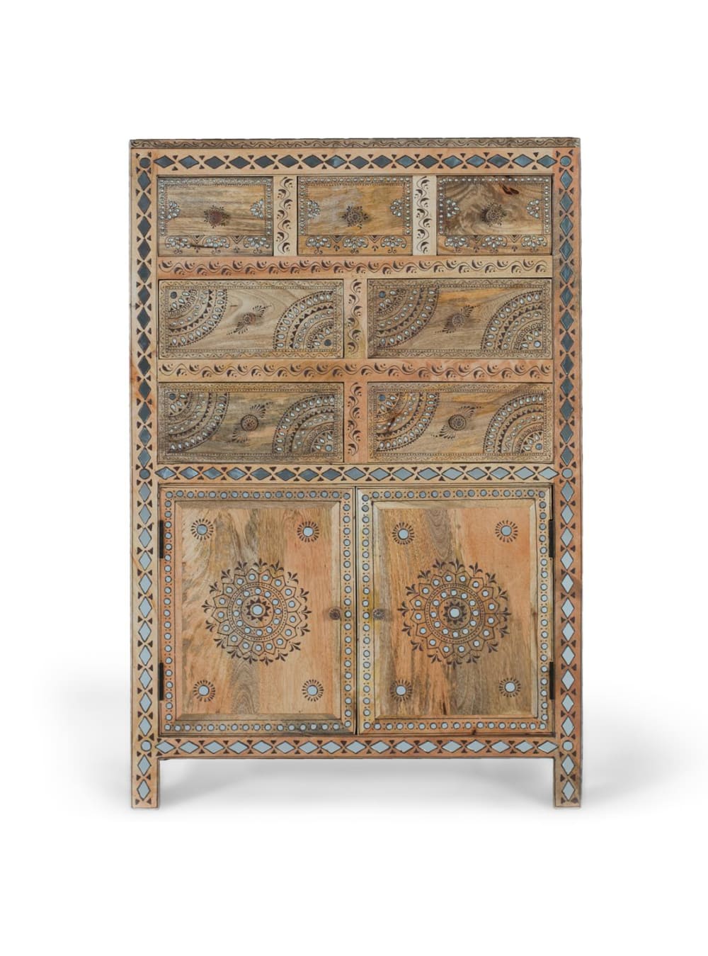 Commode à 7 tiroirs et deux portes en bois de manguier massif