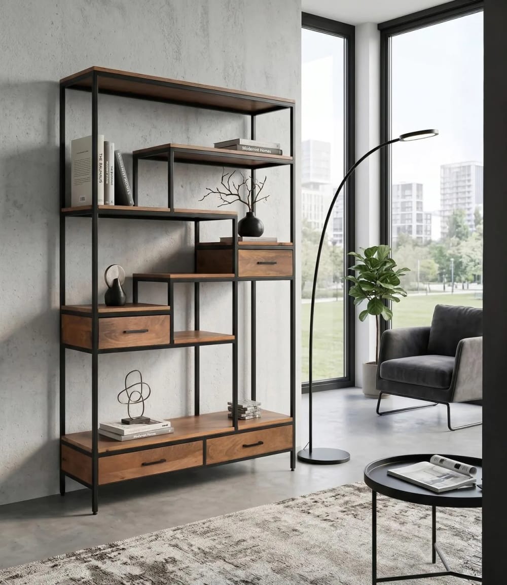 Bücherregal mit Eisenrahmen, geometrisches Design, 182 cm -