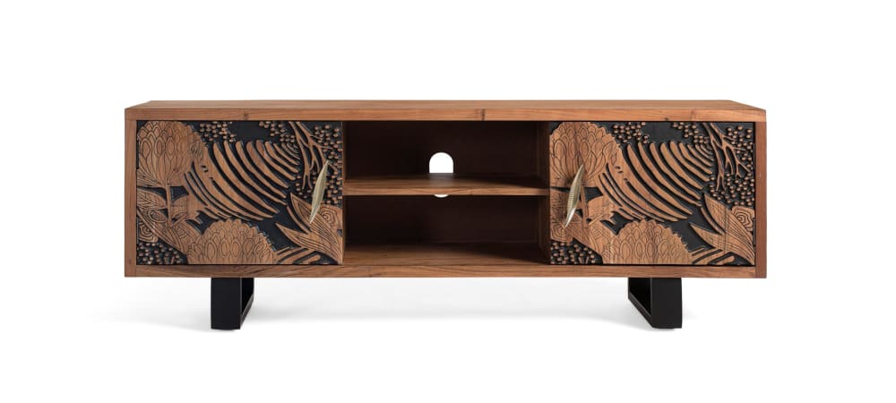 Meuble TV à deux portes orné de détails en relief