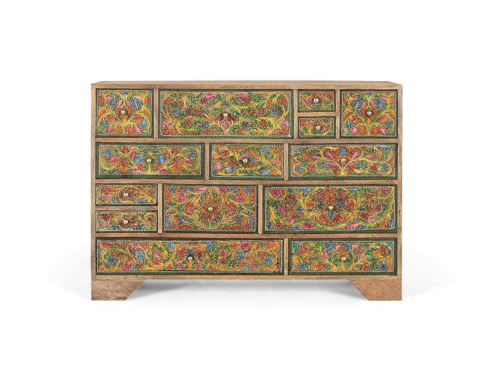 Commode ornée de motifs floraux peints à la main, 116 cm de long