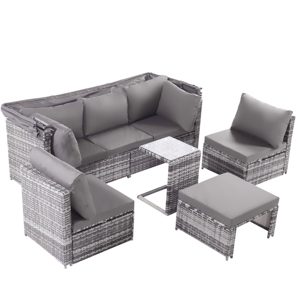 Salon de jardin 6 places en rotin gris