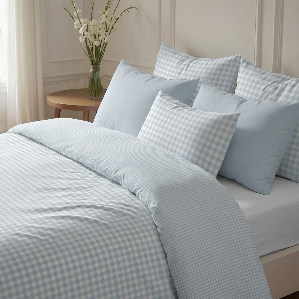 Housse de couette réversible 100 % coton bleu clair 180x220 cm