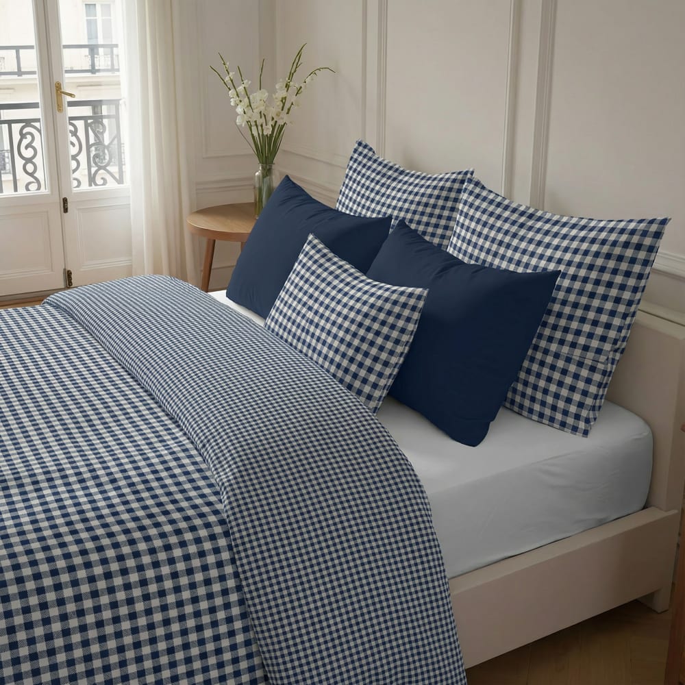 Housse de couette réversible 100 % coton bleu marine 220x220 cm