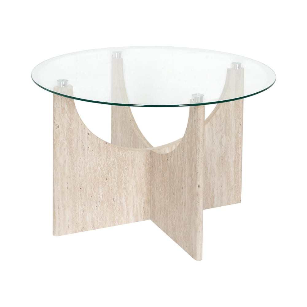 Table basse ronde effet travertin et verre Beige