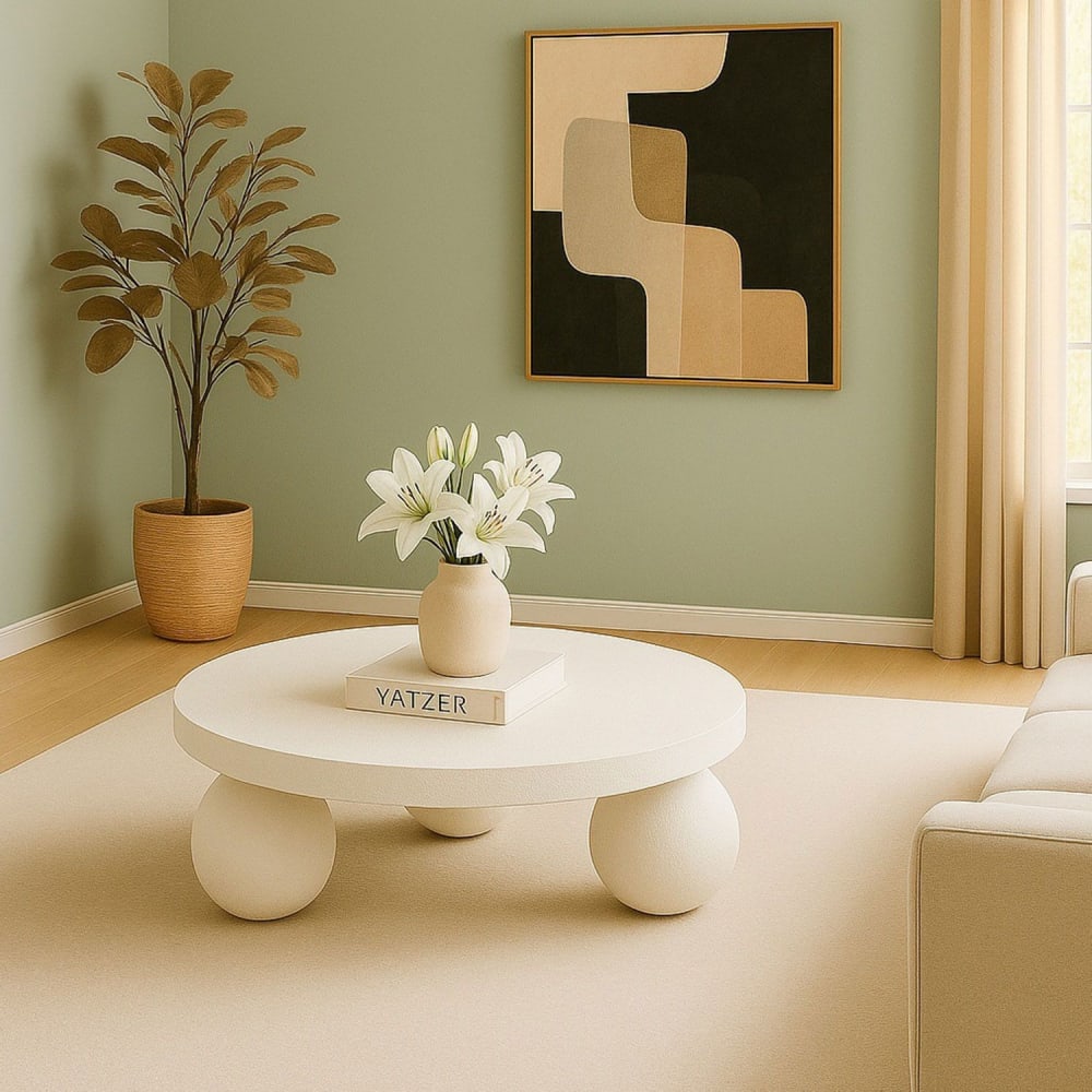 Table basse contemporaine design rond l100cm texture minérale blanc