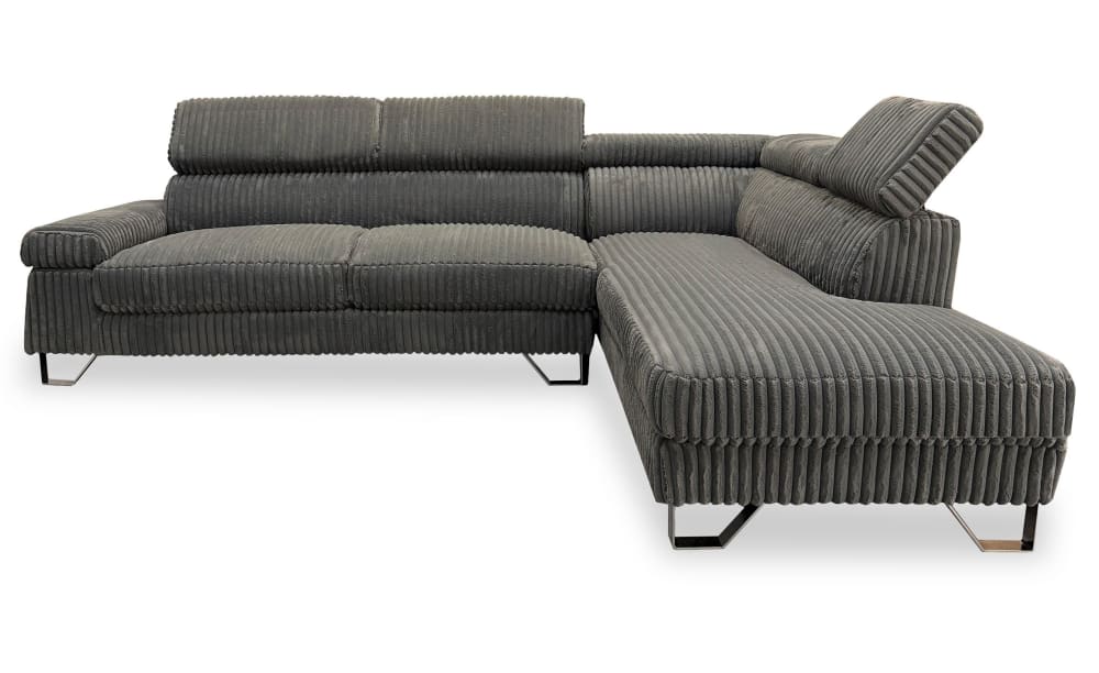 Canapé d'angle à droite avec têtières relevables velours côtelé gris