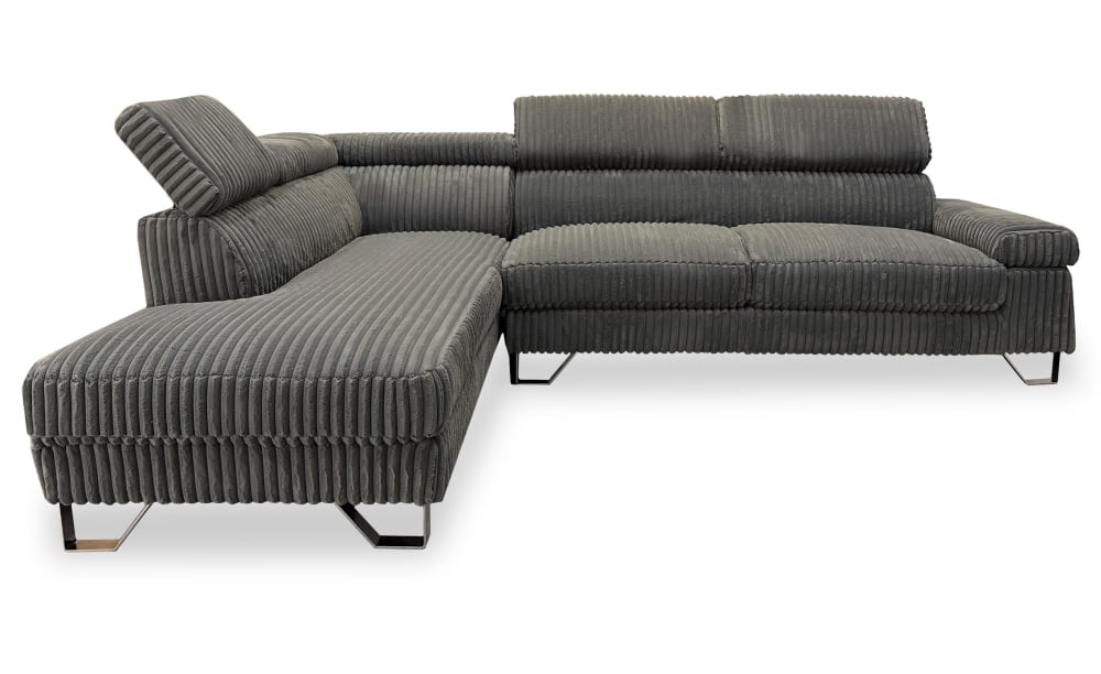 Canapé d'angle à gauche avec têtières relevables velours côtelé gris