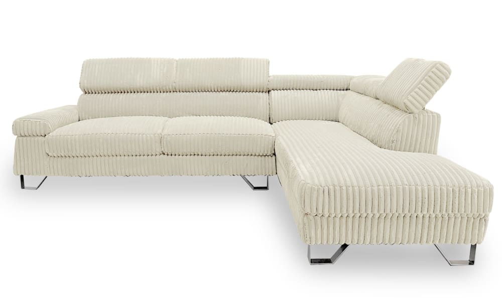 Canapé d'angle à droite avec têtières relevables velours côtelé beige