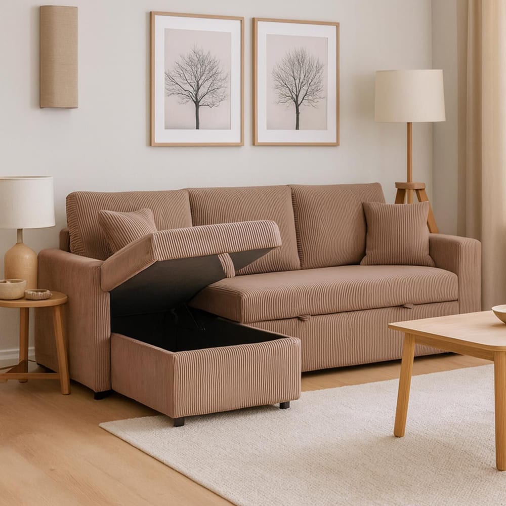 Canapé d'angle convertible avec coffre de rangement réversible velours