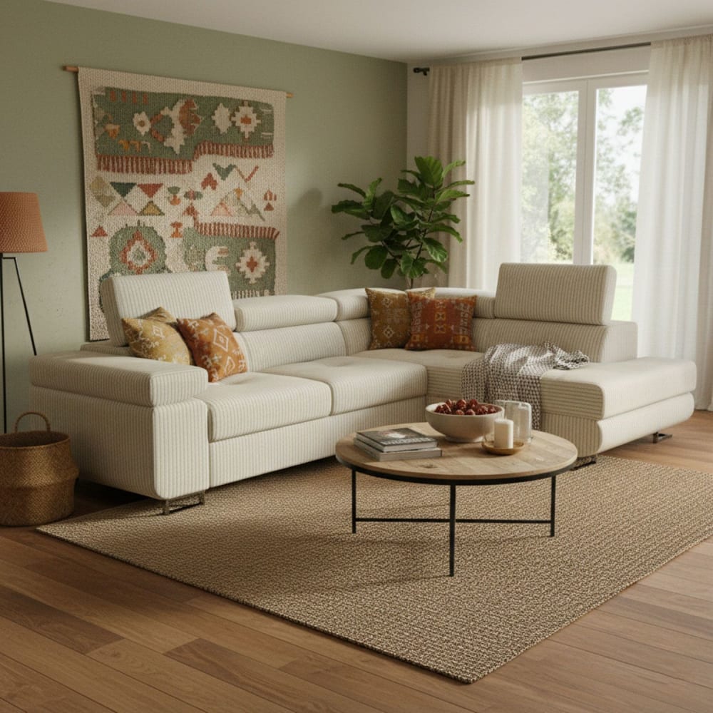 Canapé d'angle convertible avec têtières relevables angle à droite