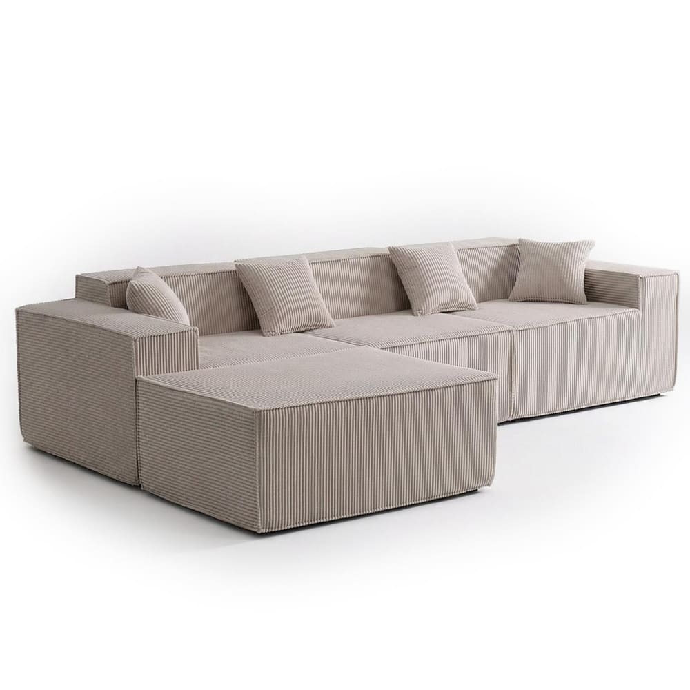 Canapé modulable en angle avec pouf velours côtelé taupe