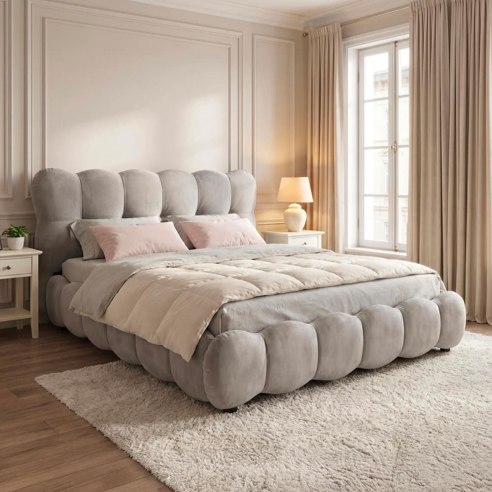 Lit-coffre design boule avec sommier relevable 180x200cm velours gris