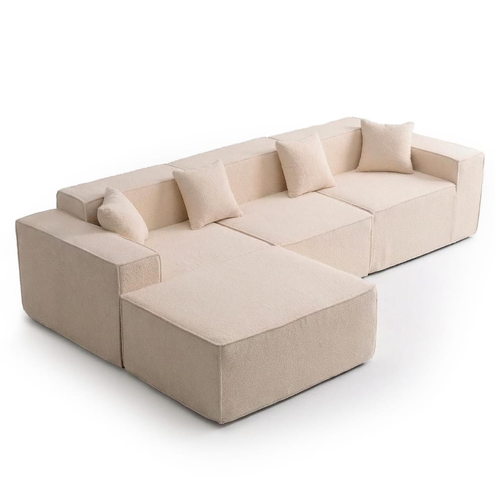 Canapé modulable en angle avec pouf tissu bouclette beige