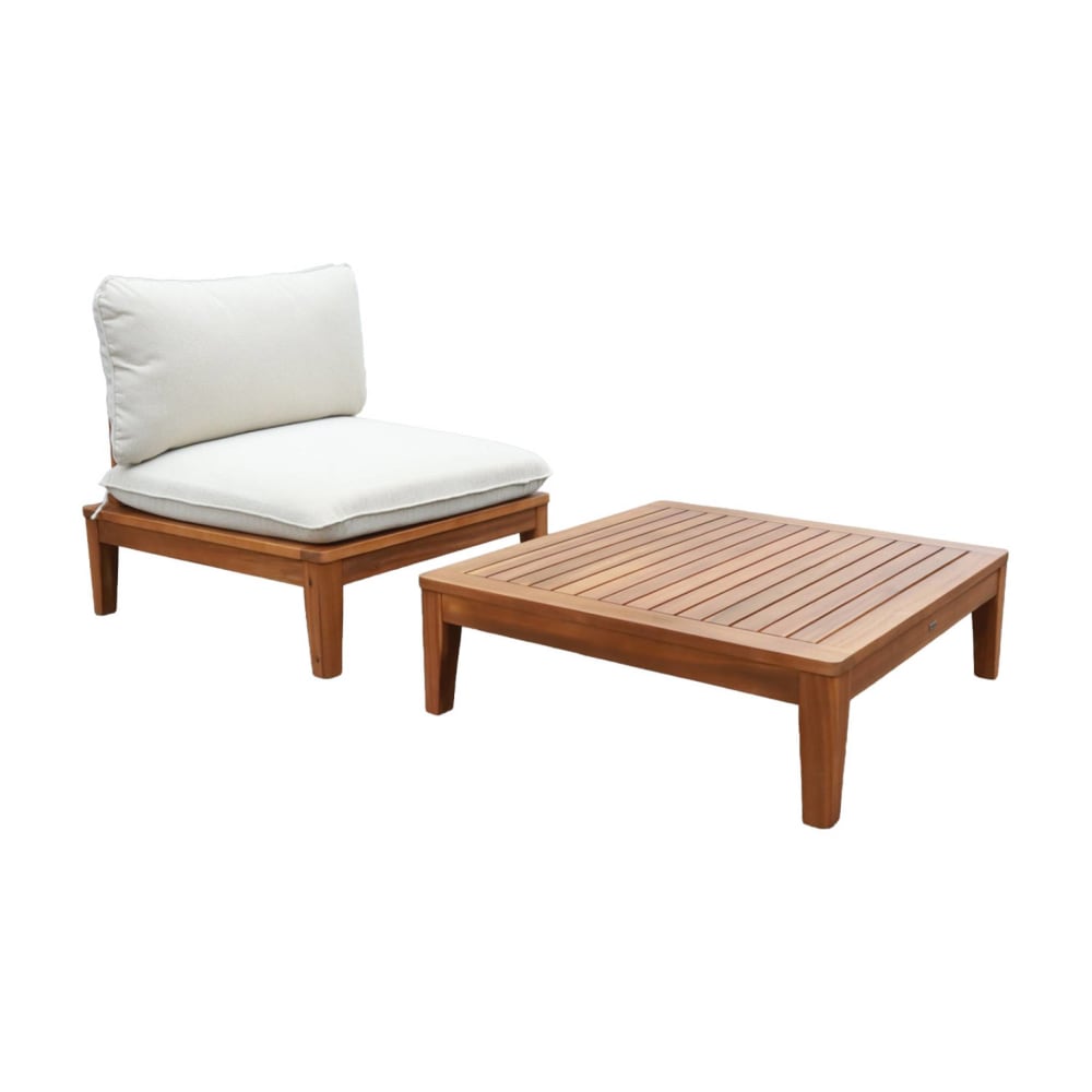 Fauteuil de jardin avec table basse bois d'acacia et bouclette beige