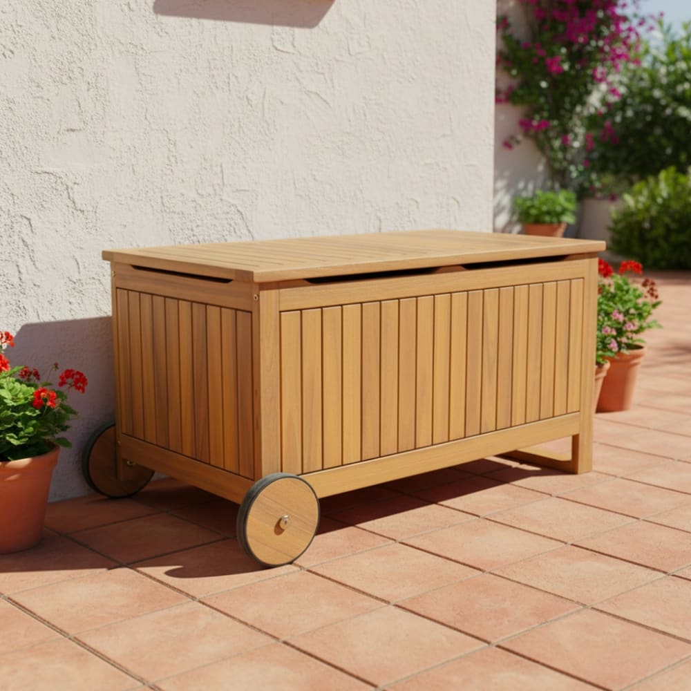 Coffre de jardin bois d'acacia avec roulettes couleur teck 119l