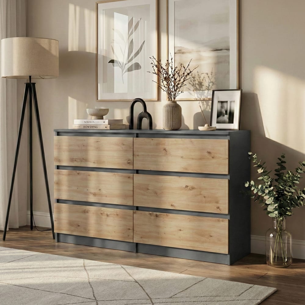 Commode avec 6 tiroirs, anthracite + chêne Artisan, 140 cm