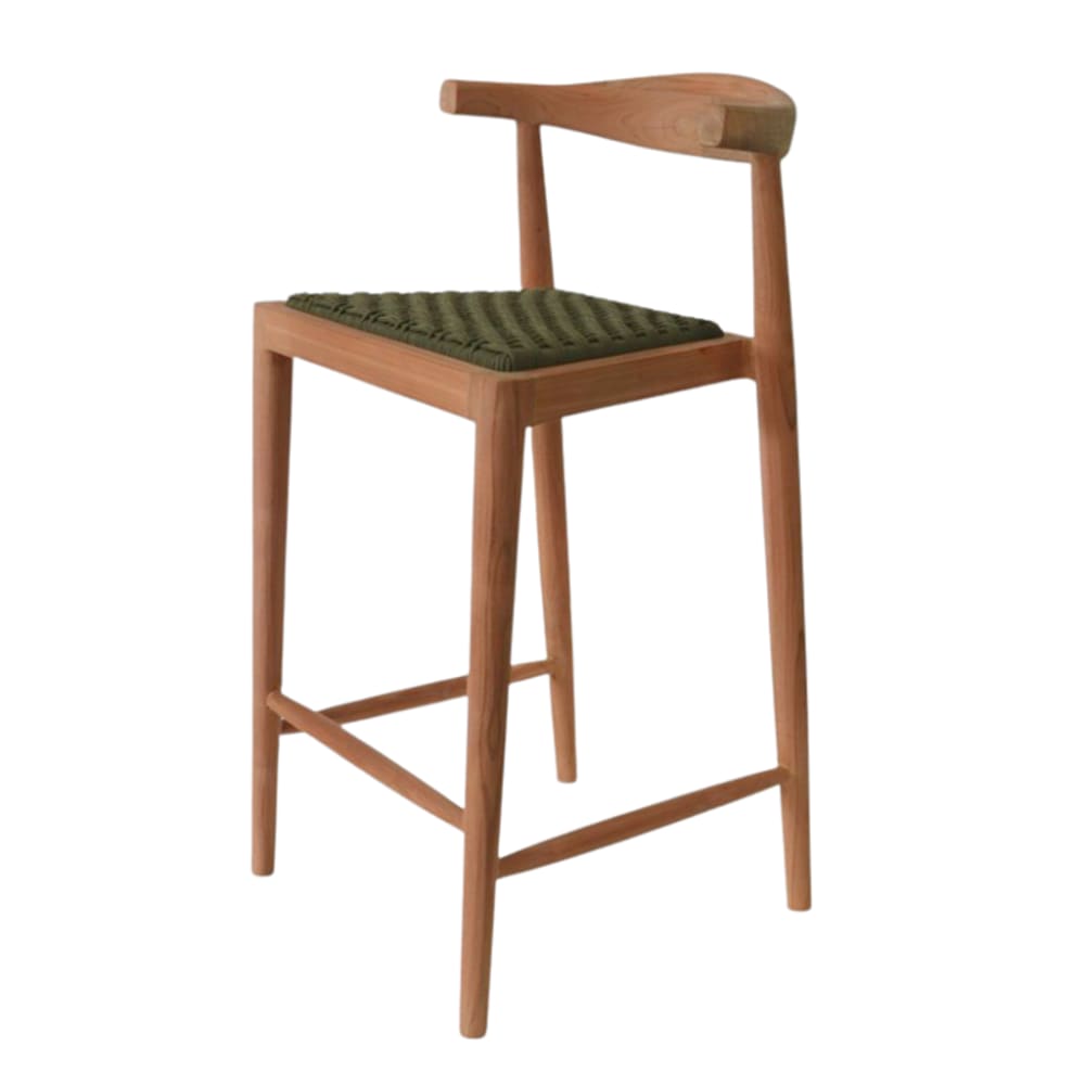 Chaise haute de bar en teck et corde kaki