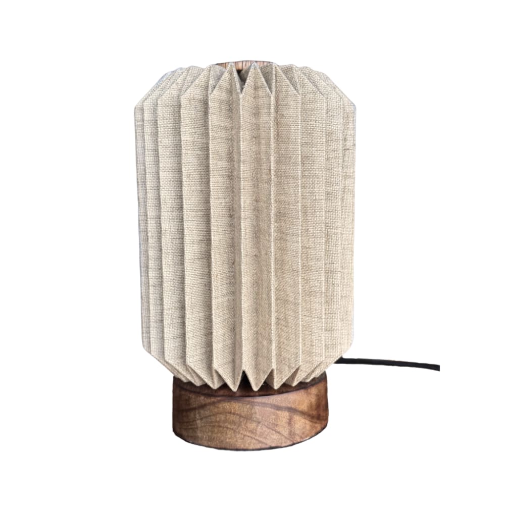 Petite lampe à poser cylindrique en lin et bois de manguier