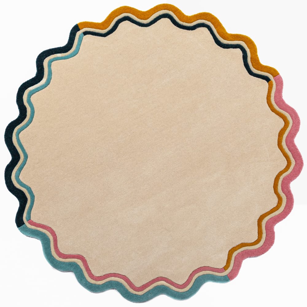 Tapis en laine rond beige, orange, rose et bleu 180x180cm