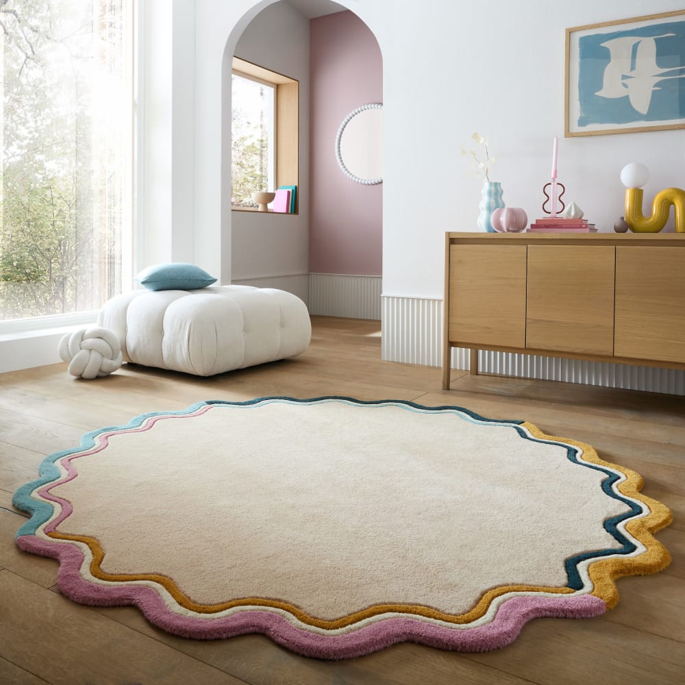 Tapis en laine rond beige, orange, rose et bleu 180x180cm — vue 3