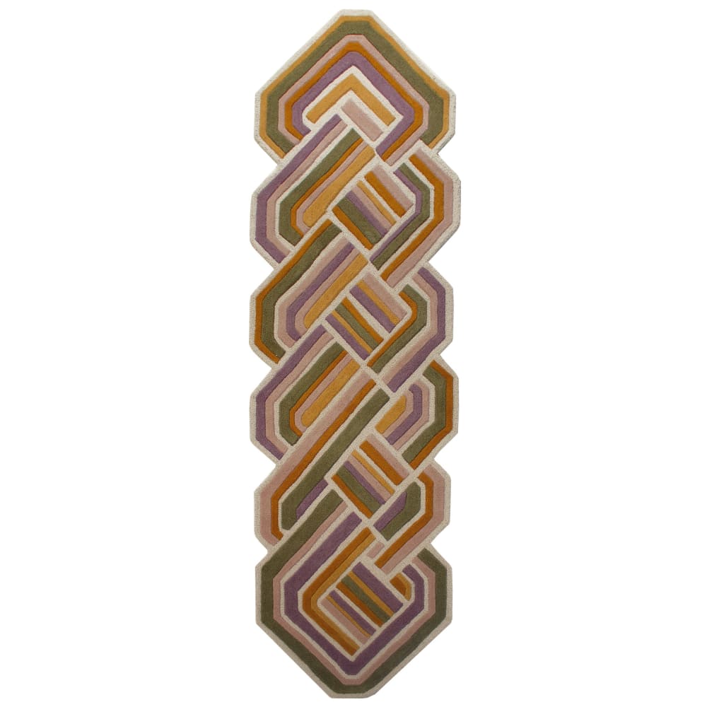 Tapis en laine de couloir rose, jaune, verte et beige 80x300cm